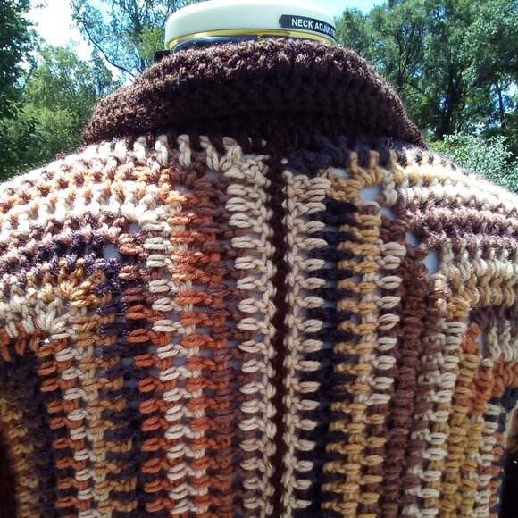 Hand crafted crochet hexagon cardigan, size Large, color brown, tan and rust. - Picture 3 of 6